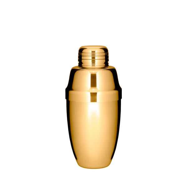 A gold-plated Cocktail Kingdom Usagi Cobbler shaker with a three-piece design, intended for cocktail preparation.