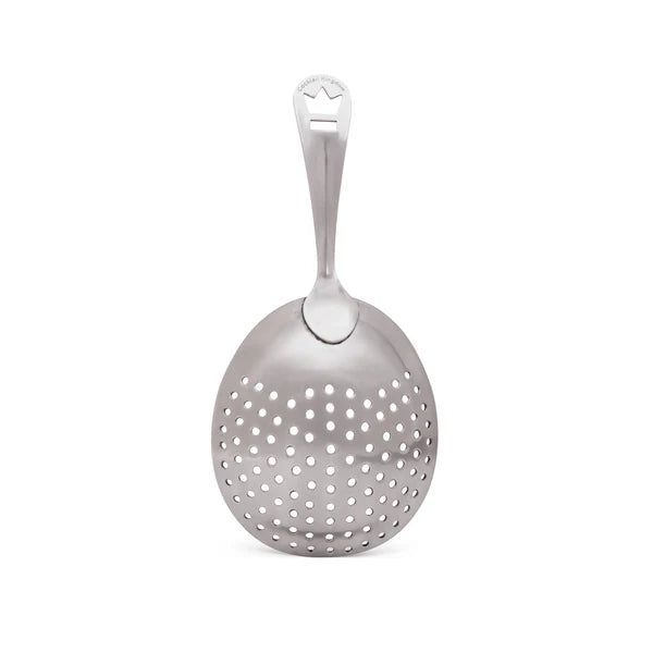 A silver Julep strainer with a spherical body and a handle, featuring a matte finish. Rear side showing on white silo background.