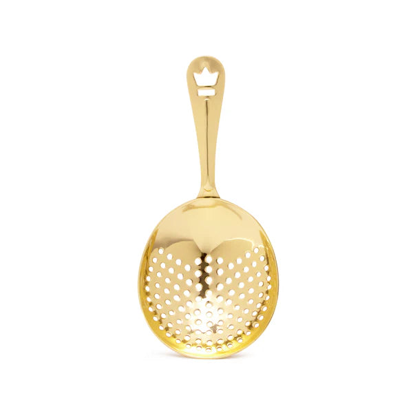 A gold Julep strainer with a spherical body and a handle, featuring a matte finish. Front side showing on white silo background.
