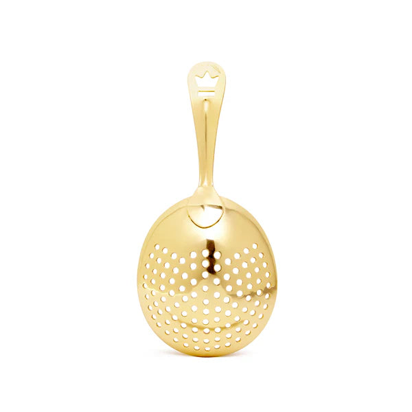 A Gold Julep strainer with a spherical body and a handle, featuring a matte finish. Rear Side showing on white silo background.