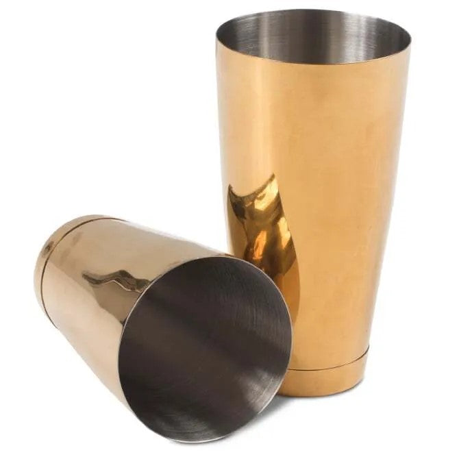 1232 Barfly Gold Cocktail Shaker Set shown in gold , laying sideways on white background.