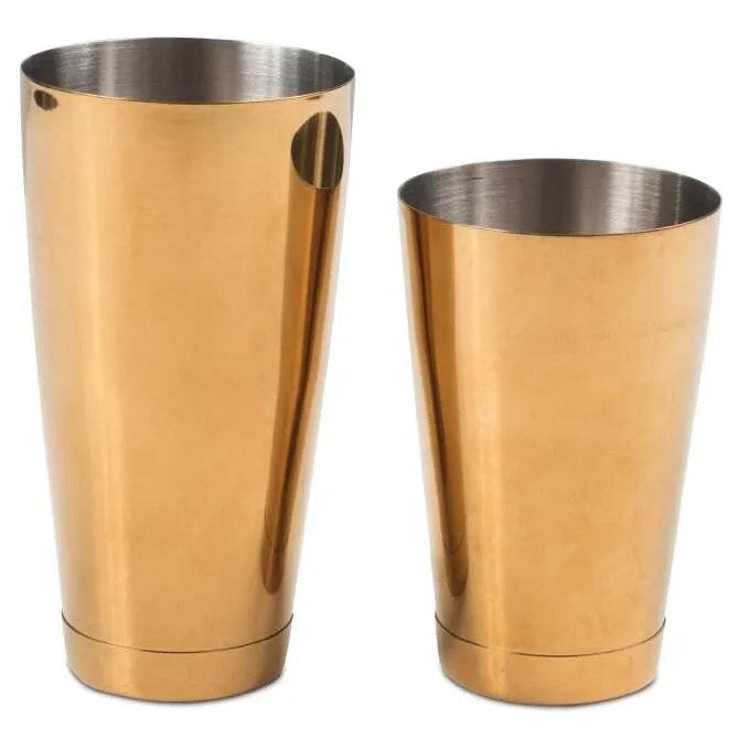 1232 Barfly Gold Cocktail Shaker Set in gold, shown separate on white background.