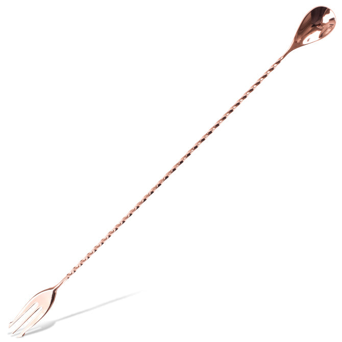 1240 A long Copper bar spoon with a twisted handle, ending in a fork. It appears to be made of stainless steel with a shiny finish.