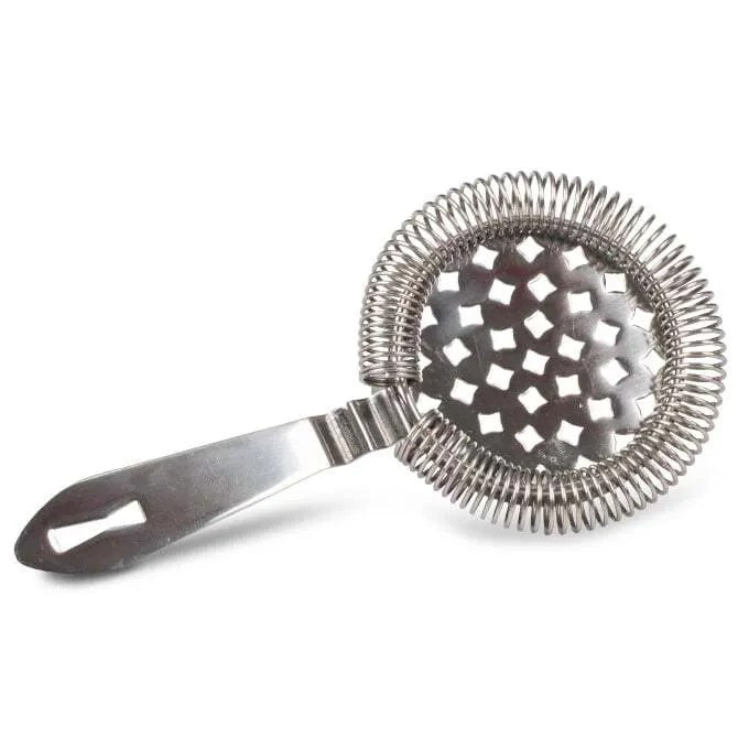 A stainless steel Barfly Antique spring bar strainer with a perforated circular body and an S-shaped handle.
