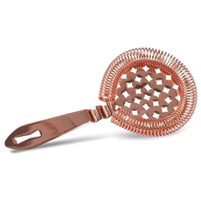 A Copper Barfly Antique spring bar strainer with a perforated circular body and an S-shaped handle on white background.