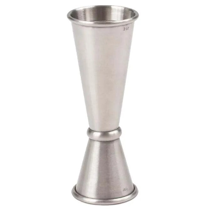 Barfly Japanese Style Stainless Steel Jigger - 1 and 2oz shown on white silo background.