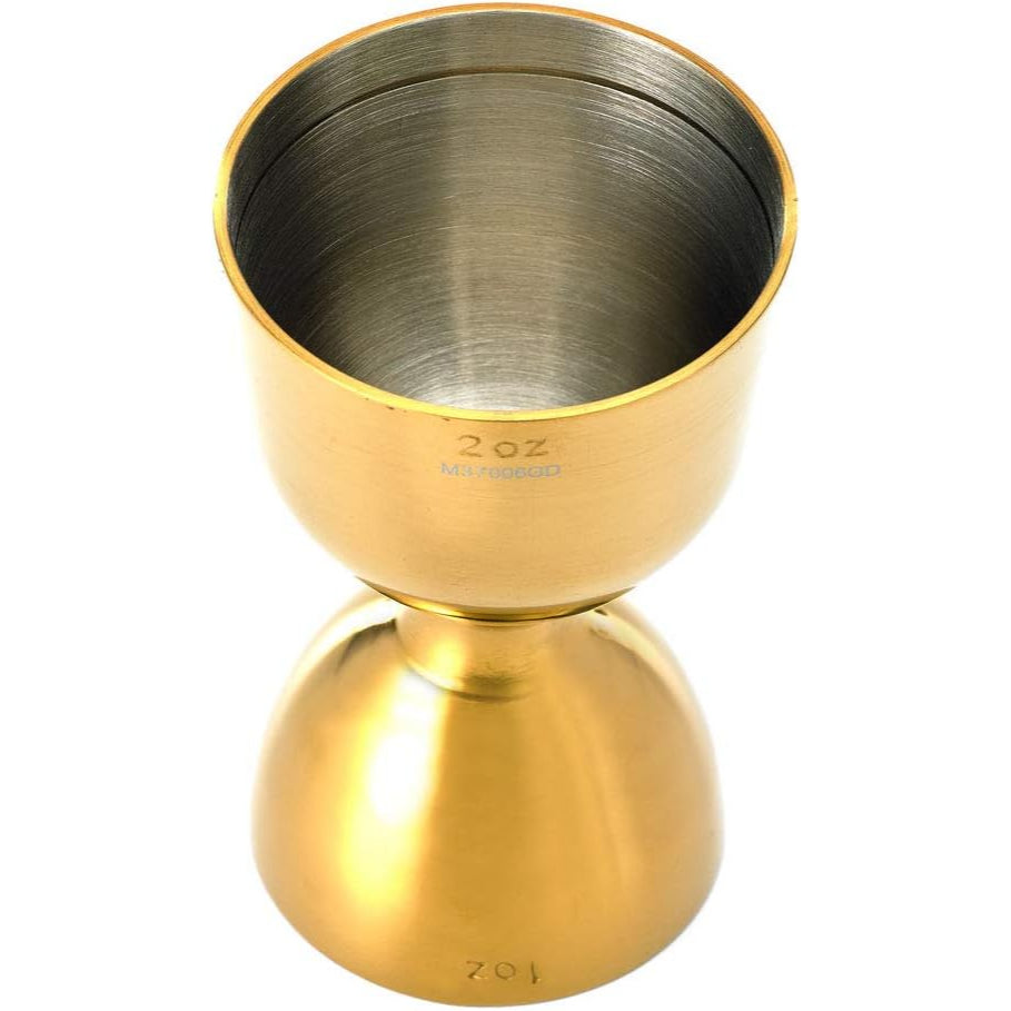 Gold Barfly Heavy Duty Straight Rim Bell Jigger 1 oz x 2 oz shown on white background.