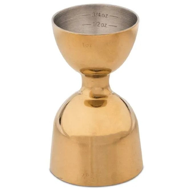Barfly Heavy Duty Straight Rim Bell Gold Jigger 1 oz x 2 oz shown on white background.