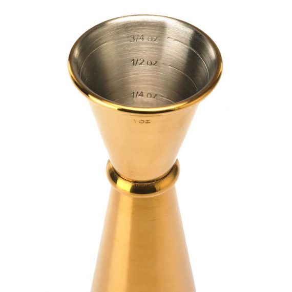 Gold 1265 Barfly Japanese Style Jigger 1 and 2oz with measurement markings on a white background.