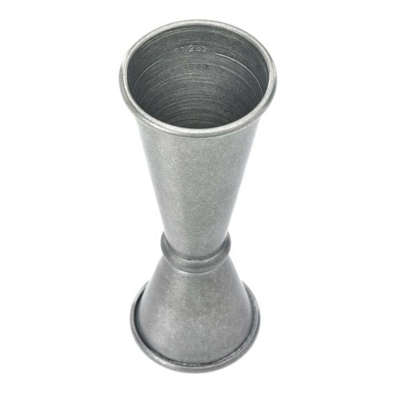 1272 Vintage aged Barfly Japanese Style Vintage Jigger - 1 and 2oz shown on white silo background.