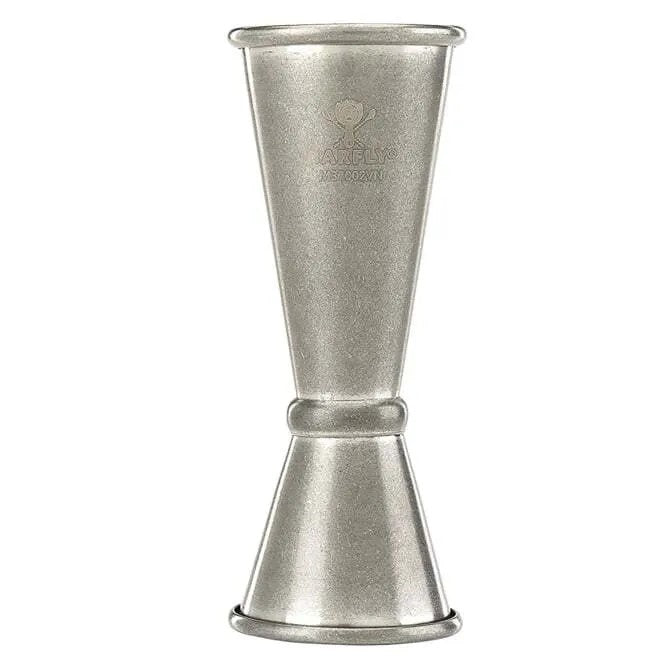 1272 Vintage aged Barfly Japanese Style Vintage Jigger - 1 and 2oz shown on white silo background.