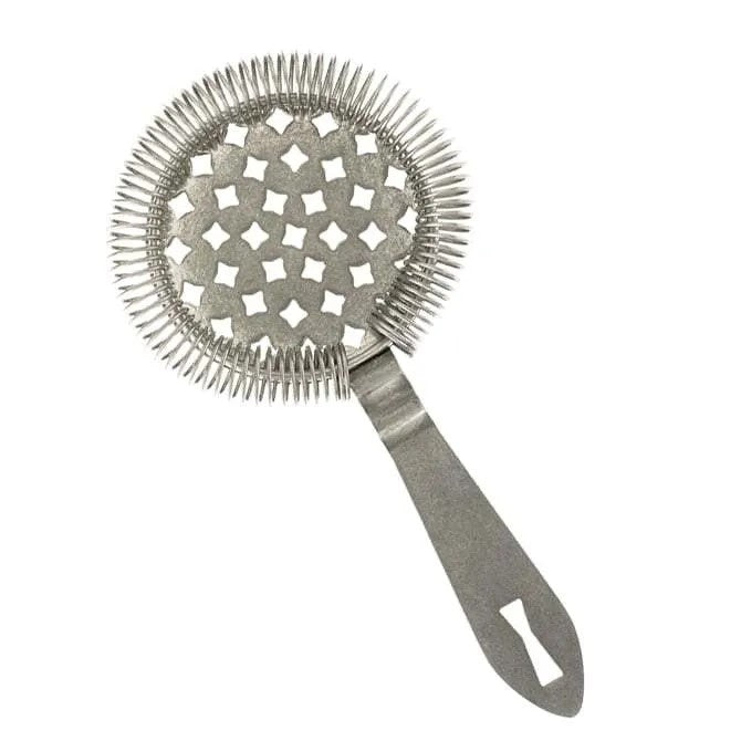 A stainless steel Barfly Antique spring bar strainer with a perforated circular body and an S-shaped handle on white background.