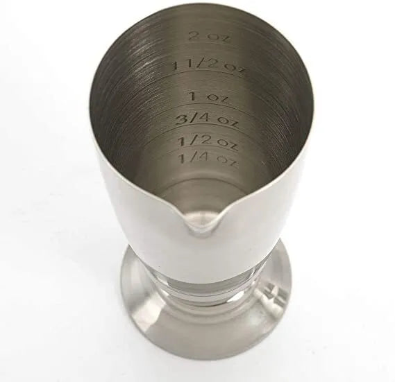 Barfly 2oz Jigger with Spout and measurements shown on white silo background. 