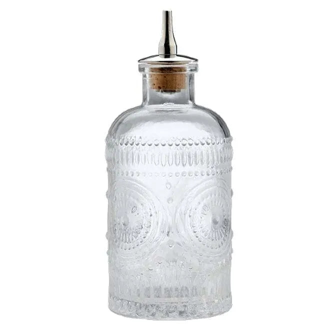 Glass Bitters Bottle 200ml by Barfly shown with its cork pouring tip inserted into bottle on white silo background.