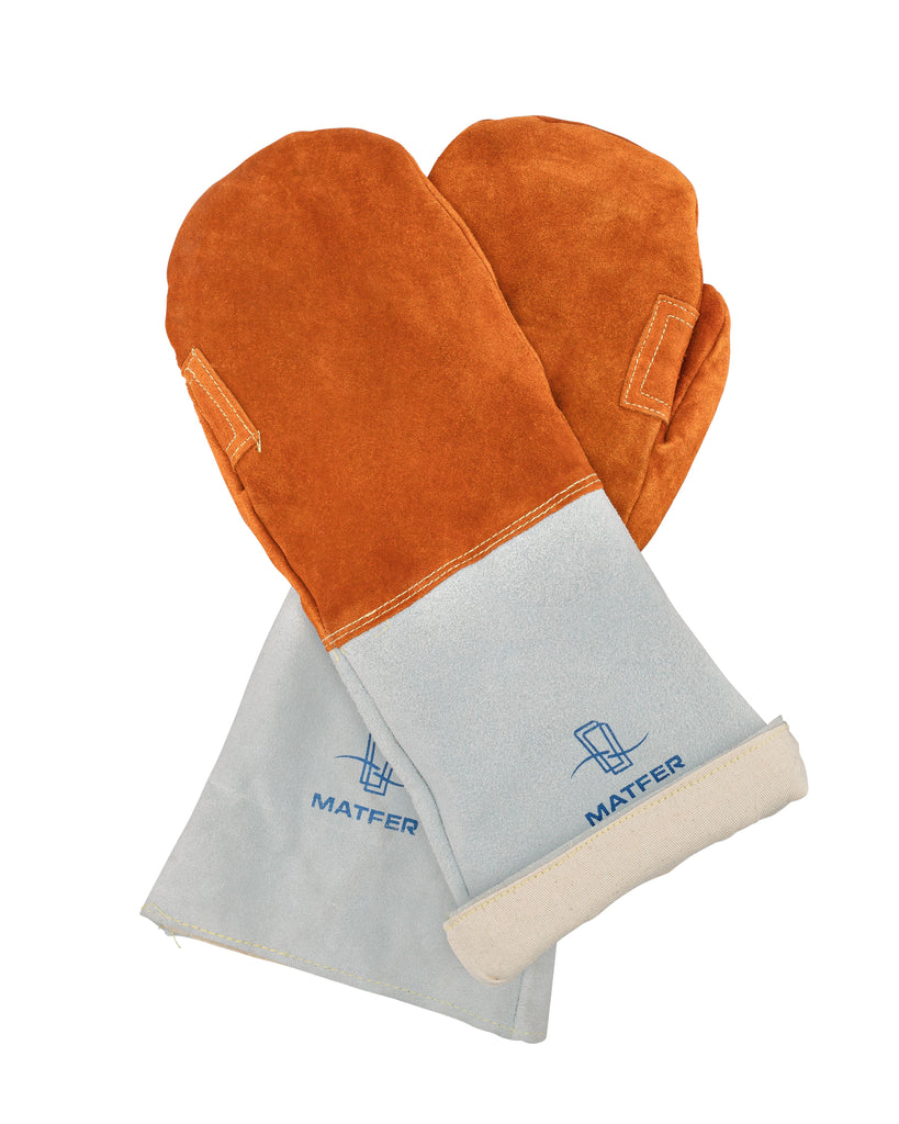 Pair of orange and gray heavy suede oven gloves with 'Matfer' branding on a white background