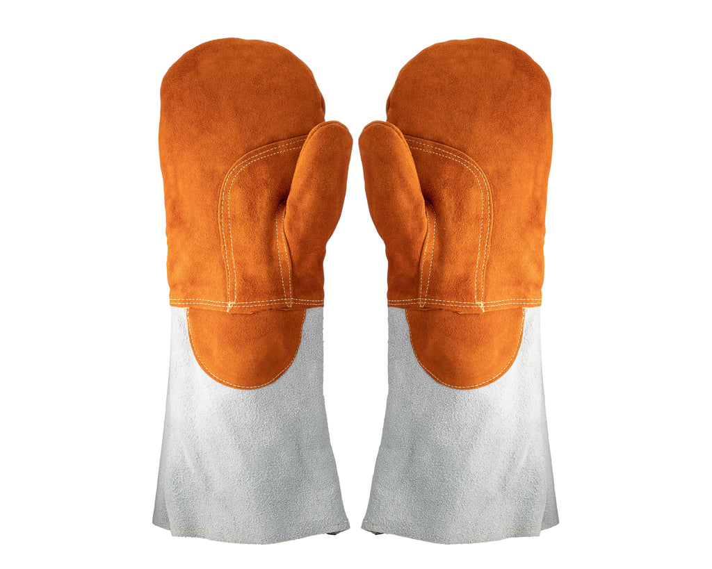 Pair of orange and gray heavy suede oven gloves on a white background.