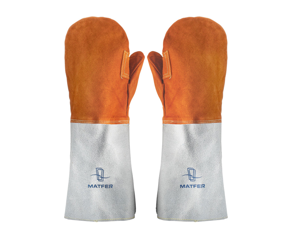 Pair of orange and gray oven gloves with 'Matfer' branding on a white background.