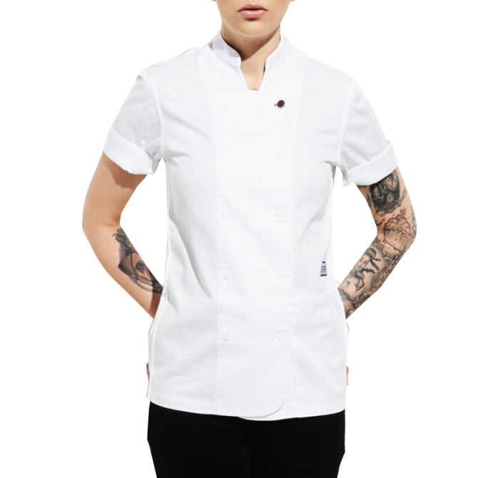 White Short Sleeve Tilit Women's Chef Coat shot on white silo background.