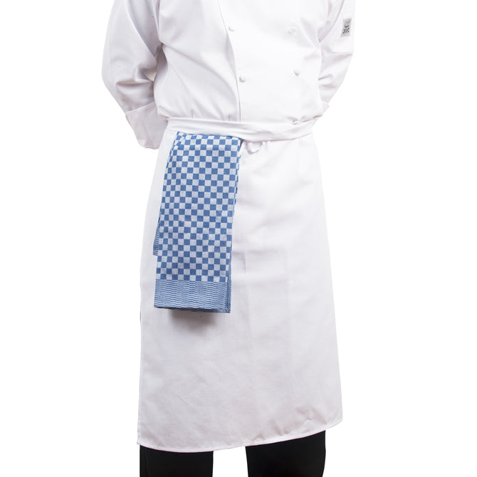 Professional chef with blue Kitchen Towel in waist on white background.
