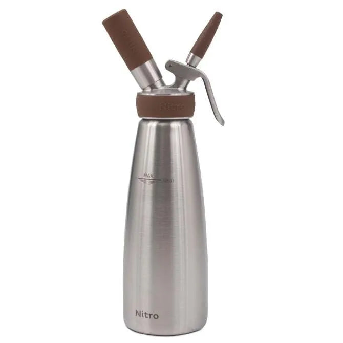 A stainless steel iSi Nitro 1 Quart charger with a brown charger holder and non-slip silicone grip.