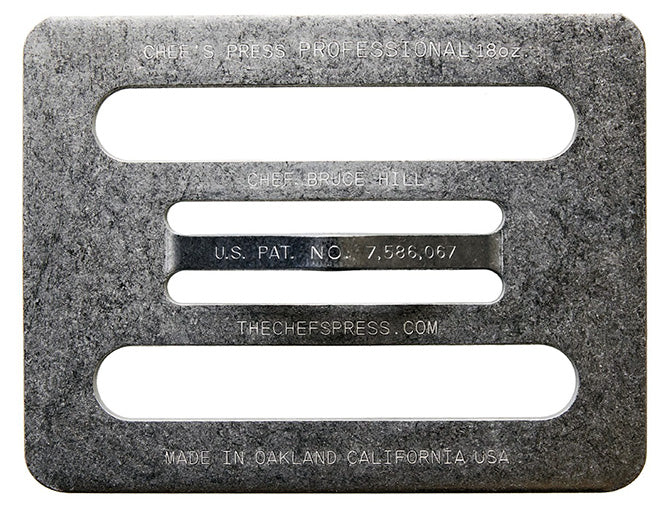 Chef press UA100 showing bottom side text, U.S Patent Number 7586067, TheChefPress.com, Made in Oakland California USA.