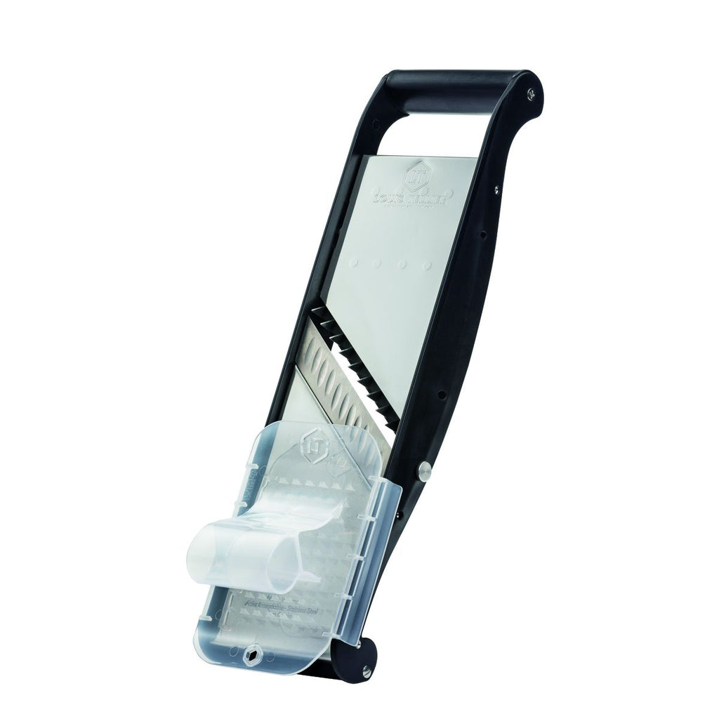 Black and clear vegetable slicer on a white background.