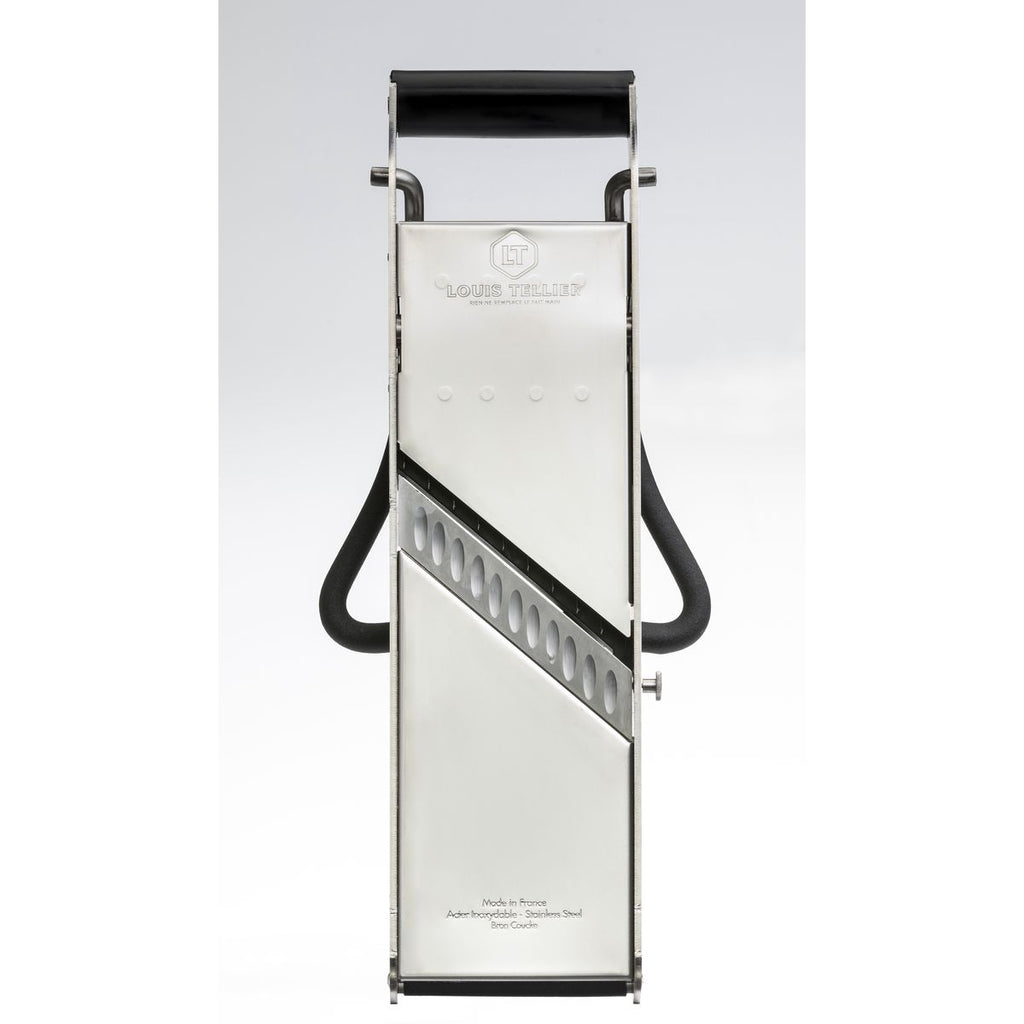 Metallic mandolin slicer tool with black handle on a light gray background.