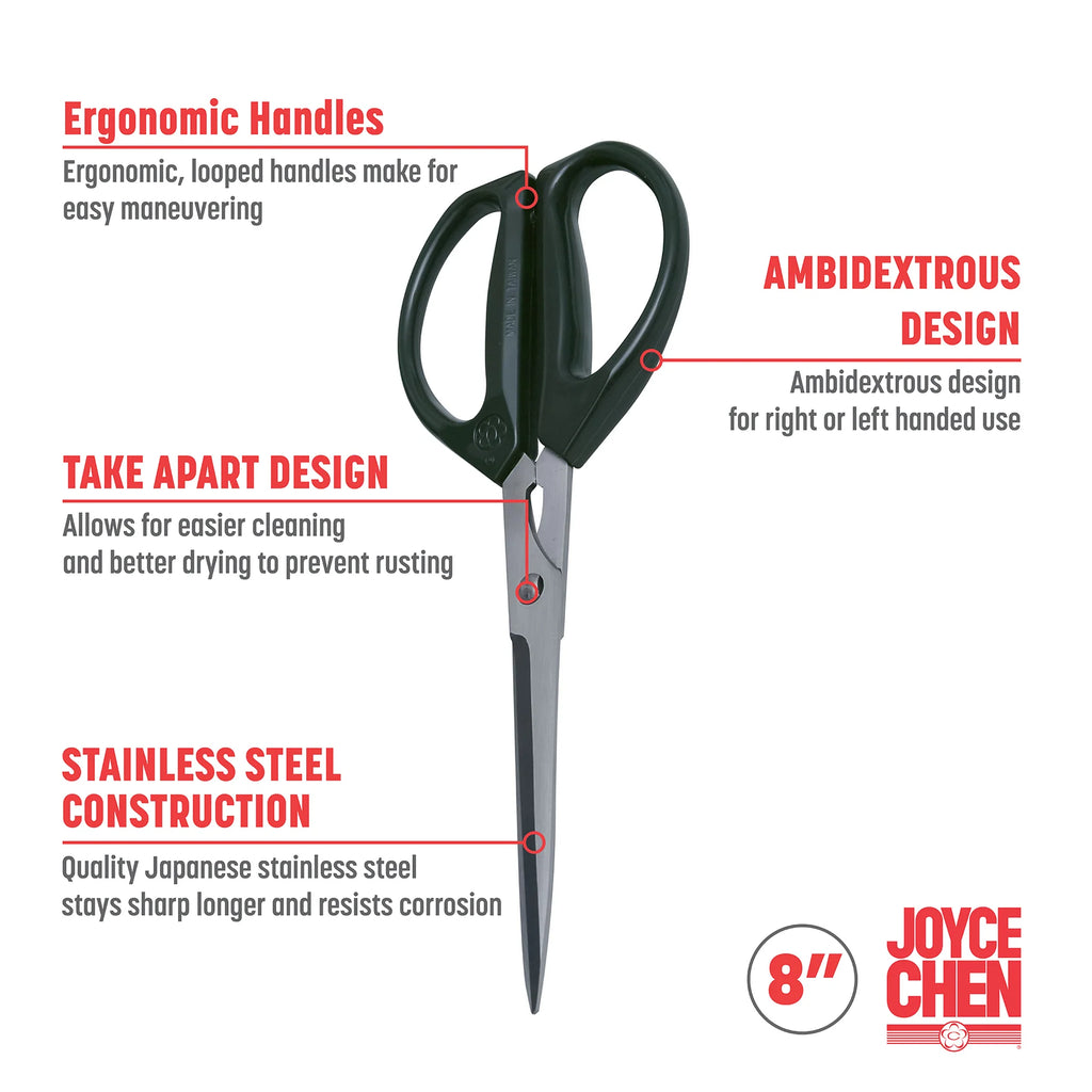 Joyce Chen Scissors in dark olive shot on white silo background showing diagram of selling points. 