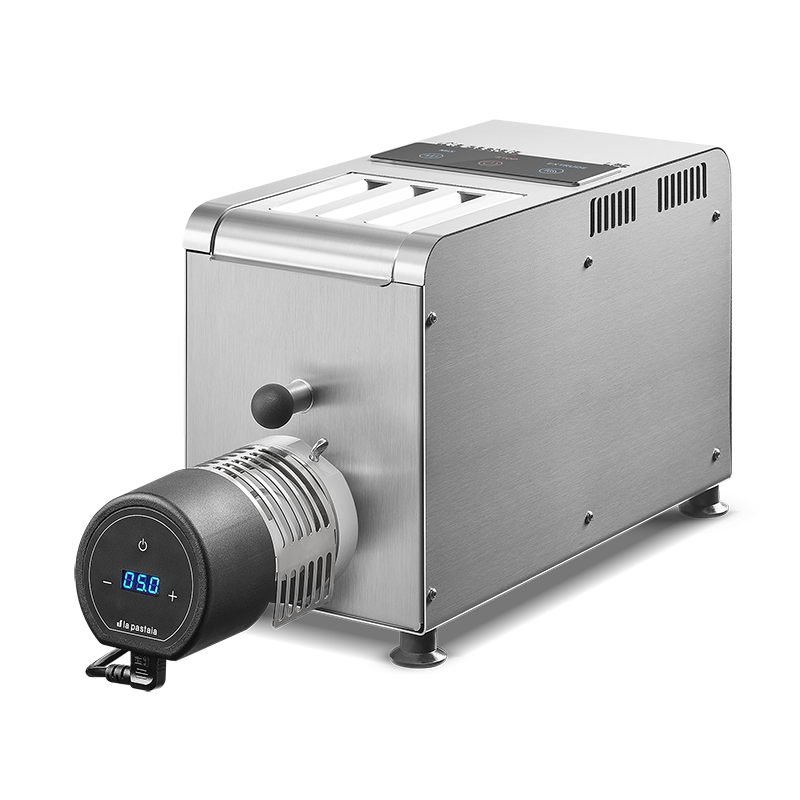 Silver LP5 Pasta Extruder with automatic pasta cutter attached. 