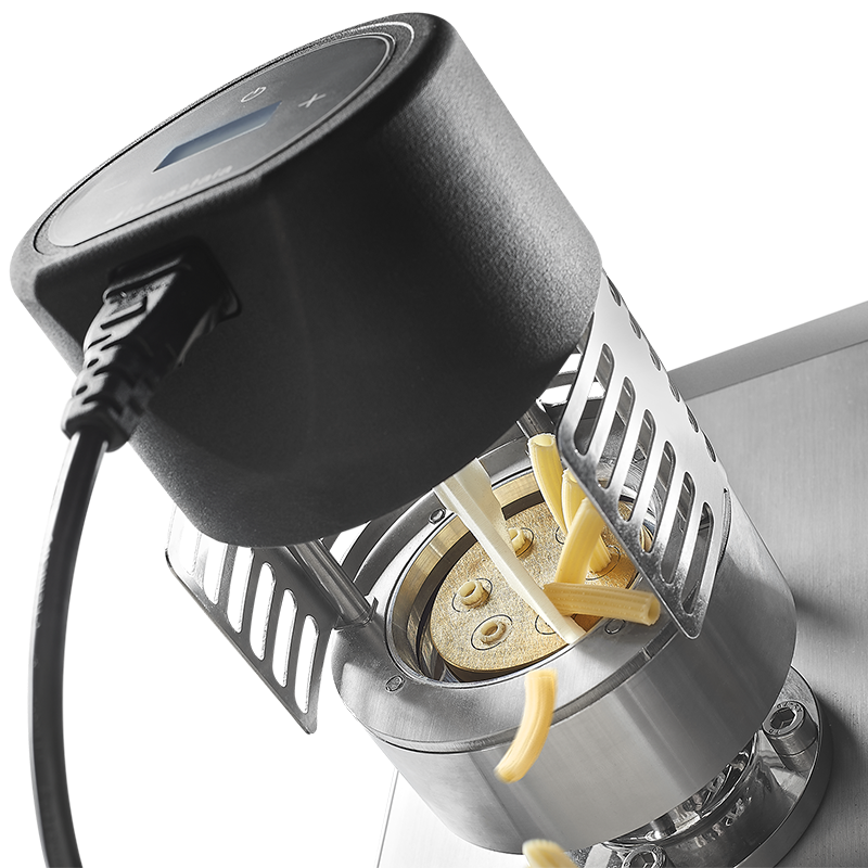 LP5 Pasta Extruder showing auto cutter and die on silo background