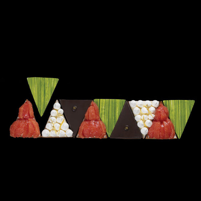 example of pastry creations using triangular tart mold. Symmetric red, green, white and brown pastries in from on black background.