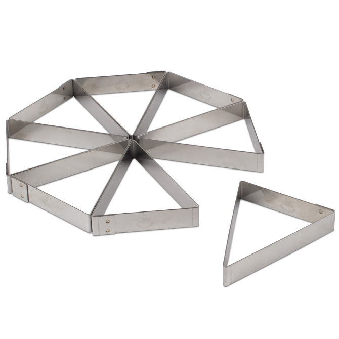 Eight stainless steel triangular tart molds designed to be used as individual forms to create a complete tart.