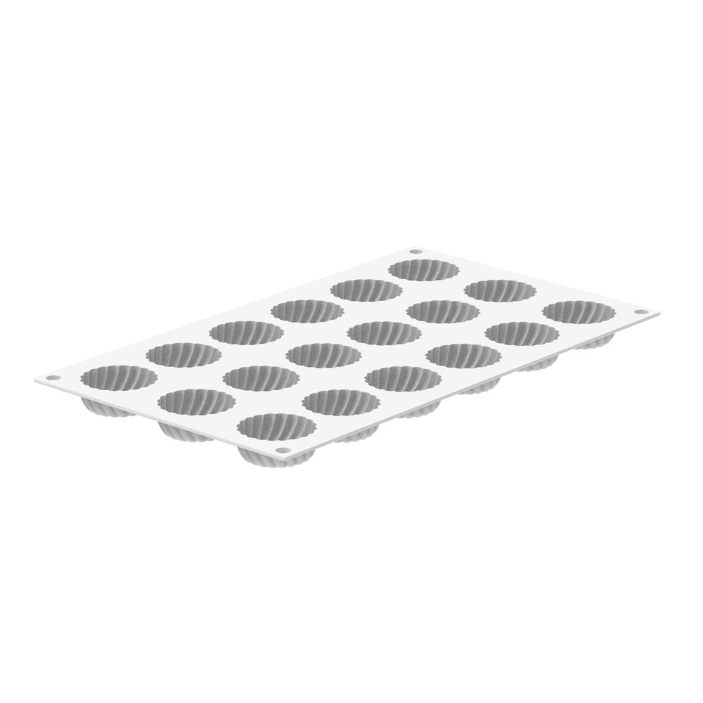 White silicone mold with 18 cavities on a white background.