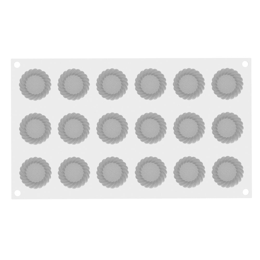 Silicone mold with 18 circular cavities on a white background.