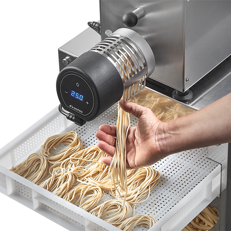 Pro Automatic Cutter LP5 showing finished pasta dropping into trey.