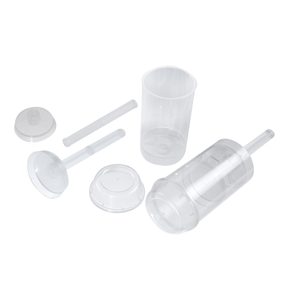 Item R746, Clear Push Up With Lid, shown with its various pieces broken down and laid out on white silo background. 