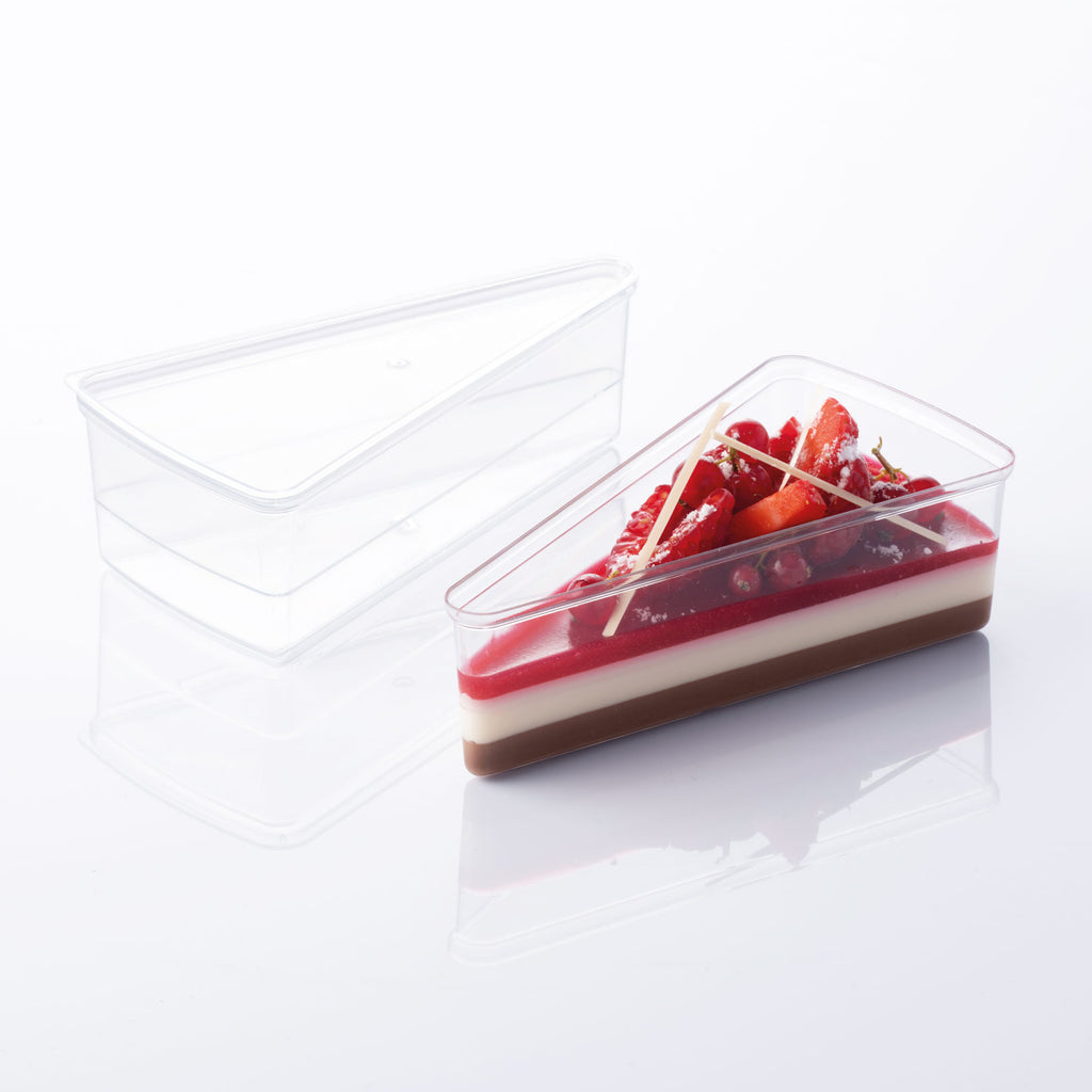 2 Slice Vessels shown on white silo background, one empty and clear the other filled with pastry.