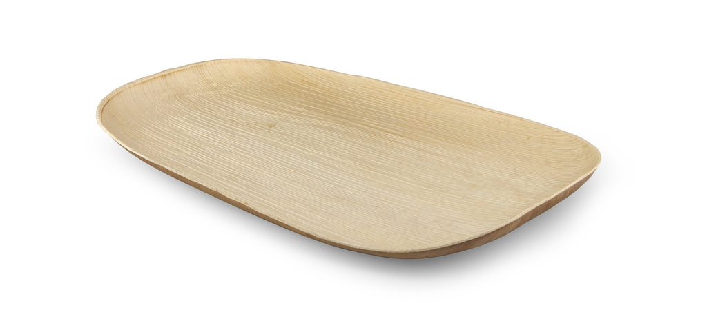 A beige, rectangular catering tray made of compostable material, with a smooth surface and wave-like edges.