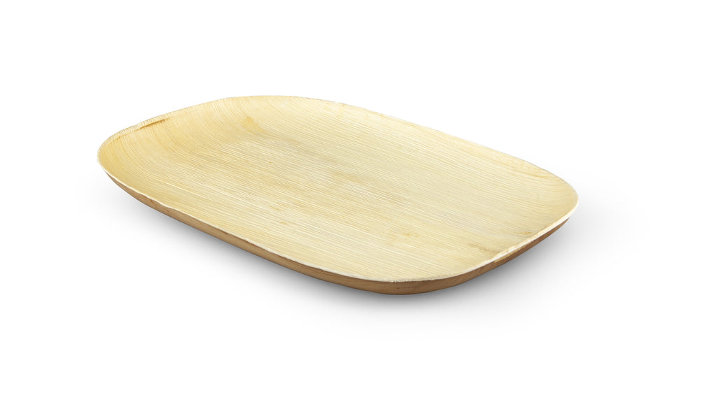 A beige, rectangular catering tray made of compostable material, with a smooth surface and wave-like edges.