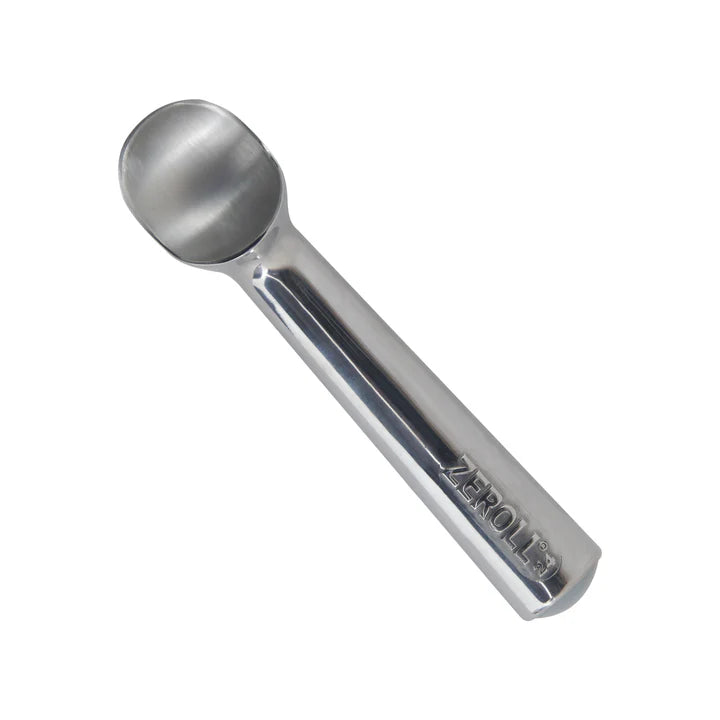 Metallic ice cream scoop with 'Zeroll' branding on a white background