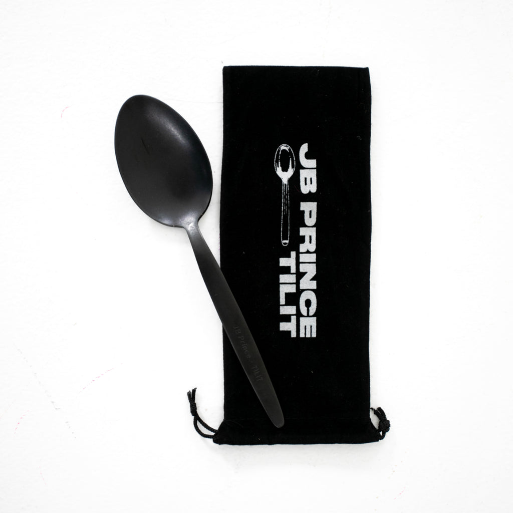 Gray Kunz Spoon: JB Prince x Tilit Edition with carry pouch upright.