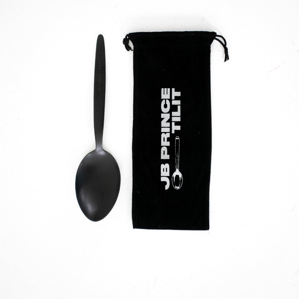 Gray Kunz Spoon: JB Prince x Tilit Edition showing black spoon and black carry pouch on white silo background.