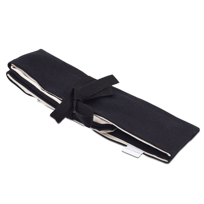 Gray Kunz 2 Piece Spoon Set with Roll - Regular & Small showing wrapped, folded and tied.