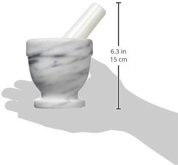 Marble Mortar and Pestle .75 C showing measurements on white background.