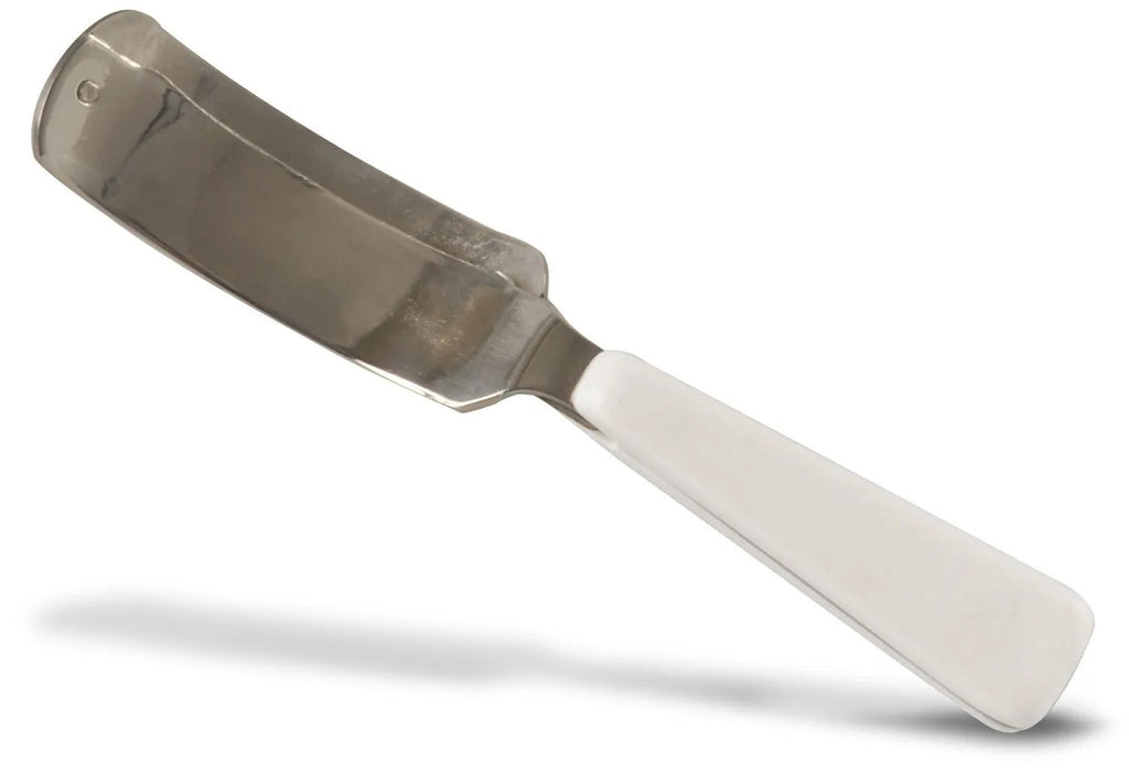 A silver-colored curved blade lemon peeler with an ergonomic handle.