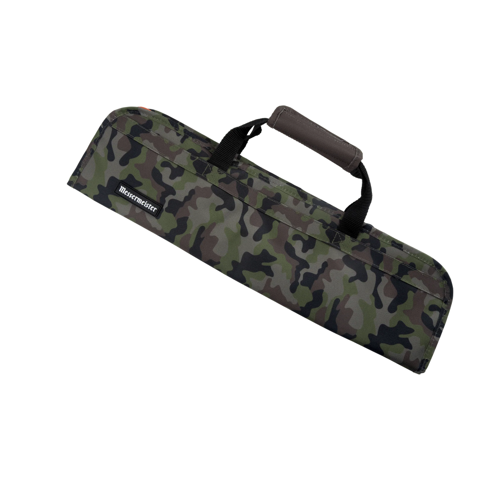 Camouflage-patterned knife carrier with handle on a white background