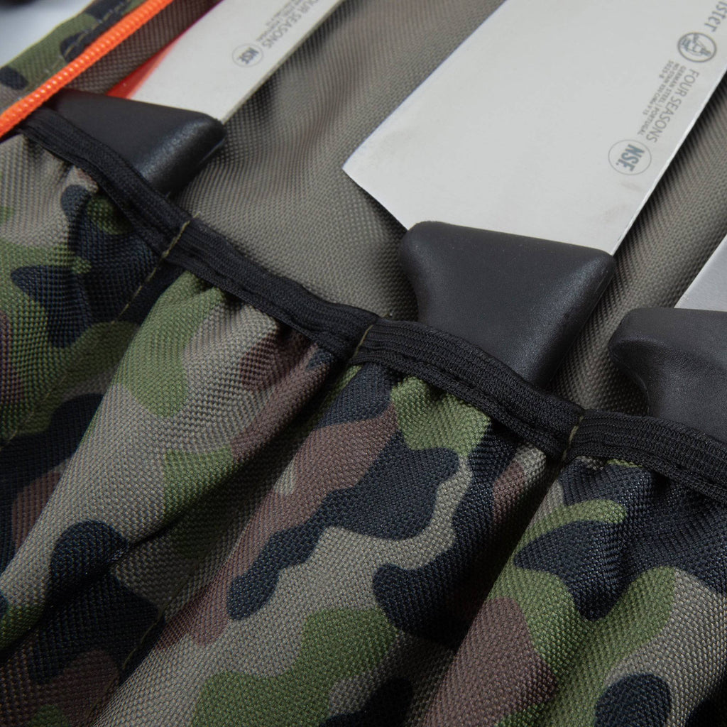 Camouflage-patterned knife bag with knives packed in pockets.