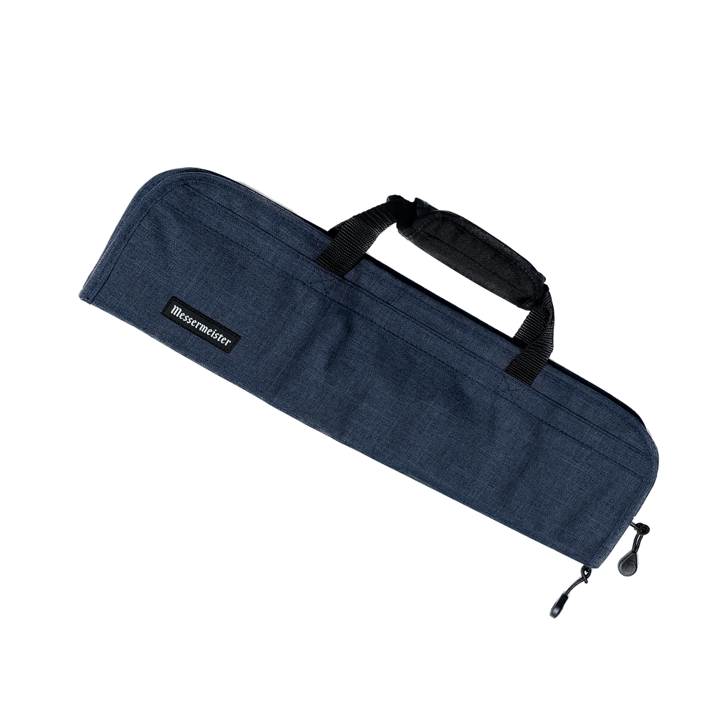 Blue Knife Roll with a handle and zipper on a white background
