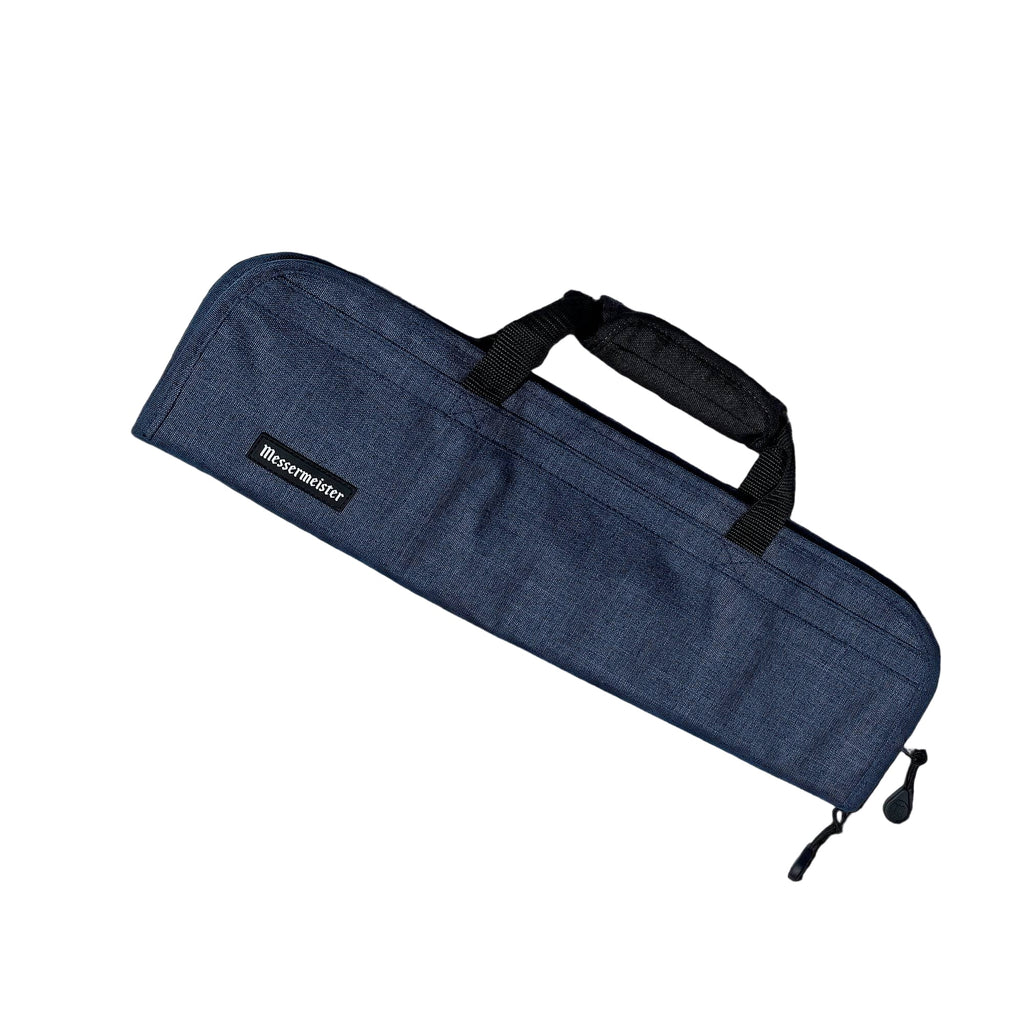 Blue knife roll with black handle and trim on a white background.