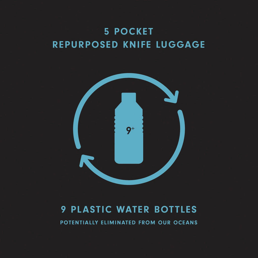 Repurposed knife roll with a blue bottle icon and text on a black background